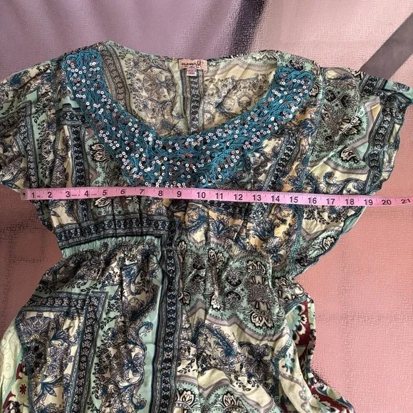One World Top Womens Large Boho Tunic Sequins Flowy Artsy Fairy Babydoll Empire - Picture 4 of 6